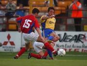 23 August 2001; Davy Byrne, no. 15  and Tony McCarthy, Shelbourne in action against Peter Madsen Brondby. UEFA Cup Qualifier-2nd leg. Tolka Park. Dublin. Shelbourne v Brondby. Soccer. Picture credit; David Maher / SPORTSFILE *EDI*