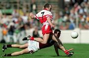 26 August 2001; Fergal Crossan of Derry in action against Galway's Joe Bergin during the Bank of Ireland All-Ireland Senior Football Championship Semi-Final match between Galway and Derry at Croke Park in Dublin. Photo by Brendan Moran/Sportsfile
