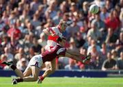 26 August 2001; Joe Bergin of Galway attempts to block Fergal Crossan of Derry during the Bank of Ireland All-Ireland Senior Football Championship Semi-Final match between Galway and Derry at Croke Park in Dublin. Photo by Ray McManus/Sportsfile