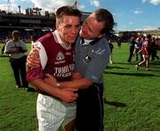 26 August 2001; Galway goalscorer Matthew Clancy is congratulated by selector Pete Warren following the Bank of Ireland All-Ireland Senior Football Championship Semi-Final match between Galway and Derry at Croke Park in Dublin. Photo by Brendan Moran/Sportsfile