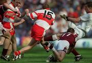 26 August 2001; Galway goalkeeper Alan Keane saves a shot from Derry's Gavin Diamond during the Bank of Ireland All-Ireland Senior Football Championship Semi-Final match between Galway and Derry at Croke Park in Dublin. Photo by Brendan Moran/Sportsfile