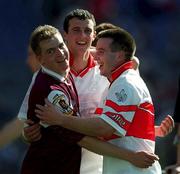 26 August 2001; Galway players, from left, Michael Donnellan, Joe Bergin and Tommy Joyce celebrate their victory following the Bank of Ireland All-Ireland Senior Football Championship Semi-Final match between Galway and Derry at Croke Park in Dublin. Photo by Ray McManus/Sportsfile