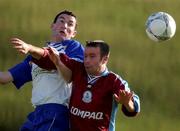 26 August 2001; Darren McKenna of Monaghan United in action against Mick Quirke of Galway United during the eircom League Premier Division match between Monaghan United and Galway United at Century Homes Park in Monaghan. Photo by David Maher/Sportsfile