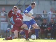 26 August 2001; Ken Lundy of Monaghan United in action against Tom Silke of Galway United during the eircom League Premier Division match between Monaghan United and Galway United at Century Homes Park in Monaghan. Photo by David Maher/Sportsfile