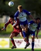 26 August 2001; Brendan Place and Brian Mooney of Monaghan United in action against Galway United's Adrian Carbury during the eircom League Premier Division match between Monaghan United and Galway United at Century Homes Park in Monaghan. Photo by David Maher/Sportsfile