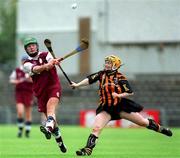 18 August 2001; Colette Nevin of Galway in action against Kilkenny's Mairead Costello during the All-Ireland Senior Camogie Championship Semi-Final match between Kilkenny and Galway at Cusack Park in Mullingar, Westmeath. Photo by Matt Browne/Sportsfile