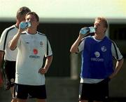 28 August 2001; Matt Holland, left, and Damien Duff take a drink during a Republic of Ireland training session at John Hyland Park in Baldonnell, Dublin. Photo by David Maher/Sportsfile