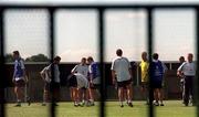 28 August 2001; Manager Mick McCarthy speaks to his players during a Republic of Ireland training session at John Hyland Park in Baldonnell, Dublin. Photo by Brendan Moran/Sportsfile