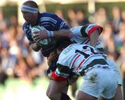 28 August 2001; Trevor Brennan of Leinster is tackled by Scott Mitchell and Paul Matthews, 12, of Ebbw Vale during the Celtic League match between Leinster and Ebbw Vale at Donnybrook in Dublin. Photo by Aoife Rice/Sportsfile