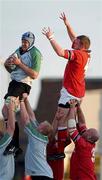 28 August 2001; Rowan Frost of Connacht takes possession from a lineout ahead of Mick Galwey of Munster during the Celtic League match between Munster and Connacht at at Thomond Park in Limerick. Photo by Matt Browne/Sportsfile