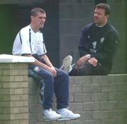 29 August 2001; Republic of Ireland captain Roy Keane and goalkeeper Alan Kelly relax during a training match between a Republic of Ireland selection and Republic of Ireland U21's at John Hyland Park in Baldonnell, Dublin. Photo by Sportsfile