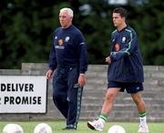 30 August 2001; Republic of Ireland's Ian Harte and physiotherapist Mick Byrne during a Republic of Ireland training session at John Hyland Park in Baldonnell, Dublin. Photo by Aoife Rice/Sportsfile