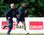 30 August 2001; Ian Harte does some light training with Republic of Ireland physiotherapist Mick Byrne during a Republic of Ireland training session at John Hyland Park in Baldonnell, Dublin. Photo by Aoife Rice/Sportsfile