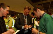 30 August 2001; Netherlands manager Louis Van Gaal at Dublin Airport following the squads arrival ahead of their FIFA World Cup 2002 Qualifier match against Republic of Ireland in Dublin. Photo by Matt Browne/Sportsfile