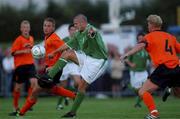 31 August 2001; Graham Barrett of Republic of Ireland in action against Rafael Van Der Vaart and Ruud Knol  of Netherlands during the UEFA Under-21 Championship Qualifying Round match between Republic of Ireland and Netherlands at the Regional Sports Centre in Waterford. Photo by David Maher/Sportsfile