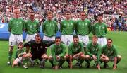 1 September 2001; The Republic of Ireland team, back row, from left, Steve Staunton, Roy Keane, Jason McAteer, Kevin Kilbane, Richard Dunne, Ian Harte, with, front row, mascot Michael Magee, aged 10, Shay Given, Gary Kelly, Matt Holland, Damien Duff and Robbie Keane ahead of the FIFA World Cup Qualifying Group 2 match between Republic of Ireland and Holland at Lansdowne Road in Dublin. Photo by David Maher/Sportsfile