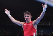 14 August 2016; Michael Conlan of Ireland celebrates defeating Aram Avagyan of Armenia following their Bantamweight preliminary round of 16 bout in the Riocentro Pavillion 6 Arena, Barra da Tijuca, during the 2016 Rio Summer Olympic Games in Rio de Janeiro, Brazil. Photo by Ramsey Cardy/Sportsfile