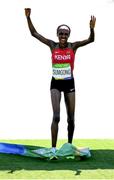 14 August 2016; Jemima Jelagat Sumgong of Kenya celebrates winning the Women's Marathon during the 2016 Rio Summer Olympic Games in Rio de Janeiro, Brazil. Photo by Stephen McCarthy/Sportsfile