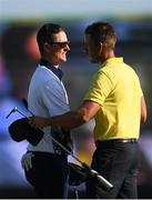 14 August 2016; Justin Rose of Great Britain shakes hands with second placed Henrik Stenson of Sweden after the  the Men's golf competition at the Olympic Golf Course, Barra de Tijuca, during the 2016 Rio Summer Olympic Games in Rio de Janeiro, Brazil. Photo by Ramsey Cardy/Sportsfile
