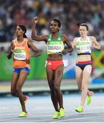 14 August 2016; Genzebe Dibaba of Ethiopia celebrates winning the Women's 400m semi-final in the Olympic Stadium during the 2016 Rio Summer Olympic Games in Rio de Janeiro, Brazil. Photo by Stephen McCarthy/Sportsfile
