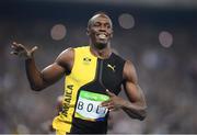 14 August 2016; Usain Bolt of Jamaica celebrates winning the Men's 100m final at the Olympic Stadium during the 2016 Rio Summer Olympic Games in Rio de Janeiro, Brazil. Photo by Stephen McCarthy/Sportsfile