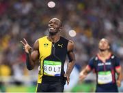 14 August 2016; Usain Bolt of Jamaica celebrates winning the Men's 100m final at the Olympic Stadium during the 2016 Rio Summer Olympic Games in Rio de Janeiro, Brazil. Photo by Stephen McCarthy/Sportsfile
