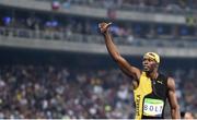 14 August 2016; Usain Bolt of Jamaica salutes the fans after winning the Men's 100m final at the Olympic Stadium during the 2016 Rio Summer Olympic Games in Rio de Janeiro, Brazil. Photo by Stephen McCarthy/Sportsfile