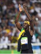 14 August 2016; Usain Bolt of Jamaica after winning the Men's 100m final at the Olympic Stadium during the 2016 Rio Summer Olympic Games in Rio de Janeiro, Brazil. Photo by Stephen McCarthy/Sportsfile
