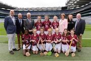 14 August 2016; John Boyle, Vice President INTO, Liam Magee, President of Cumann na mBunscol Liam McGee, Uachtarán Chumann Lúthchleas Gaeil Aogán Ó Fearghail, Kathleen Woods, Camogie Association, coach Lauren Delaney, and Mini-Sevens Coordinator Gerry O'Meara with the Galway camogie team, back row, from left, Jane Foley, Ballyhea NS, Ballyhea, Charleville, Cork, representing Galway, Tracey Furlong, Kilmyshall NS, Kilmyshall, Bunclody, Wexford, representing Galway, and Maeve Higgins, St Brigid's GNS, Palmerstown, Dublin, representing Galway. Front row, from left, Alicia Olaniran, Scoil Iosaf NS, Castlemartyr, Cork, representing Galway, Catherine Hanley, Tynagh NS, Loughrea, Galway, representing Galway, Ciara McDonagh, Holy Family NS, Tubbercurry, Sligo, representing Galway, Clodagh Landers, Bunscoil Bhothar na Naomh, Lismore, Waterford, representing Galway, Éadaoin Ó Snodaigh, Gaelscoil Inse Chóir, Dublin, representing Galway, Millie Keane, St Joseph's NS, Leitrim Village, Leitrim, representing Galway, and Roisín McDonagh, St Patrick's NS, Geevagh, Sligo, representing Galway, ahead of the INTO Cumann na mBunscol GAA Respect Exhibition Go Games at the GAA Hurling All-Ireland Senior Championship Semi-Final game between Galway and Tipperary at Croke Park, Dublin. Photo by Piaras Ó Mídheach/Sportsfile