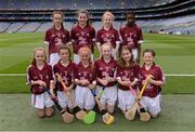14 August 2016; The Galway camogie team of, back row, from left, Jane Foley, Ballyhea NS, Ballyhea, Charleville, Cork, representing Galway, Tracey Furlong, Kilmyshall NS, Kilmyshall, Bunclody, Wexford, representing Galway, Gearóid McInerney of Galway and Alicia Olaniran, Scoil Iosaf NS, Castlemartyr, Cork, representing Galway. Front row, from left, Catherine Hanley, Tynagh NS, Loughrea, Galway, representing Galway, Ciara McDonagh, Holy Family NS, Tubbercurry, Sligo, representing Galway, Clodagh Landers, Bunscoil Bhothar na Naomh, Lismore, Waterford, representing Galway, Éadaoin Ó Snodaigh, Gaelscoil Inse Chóir, Dublin, representing Galway, Millie Keane, St Joseph's NS, Leitrim Village, Leitrim, representing Galway and Roisín McDonagh, St Patrick's NS, Geevagh, Sligo, representing Galway, ahead of the INTO Cumann na mBunscol GAA Respect Exhibition Go Games at the GAA Hurling All-Ireland Senior Championship Semi-Final game between Galway and Tipperary at Croke Park, Dublin. Photo by Piaras Ó Mídheach/Sportsfile