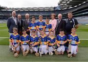 14 August 2016; John Boyle, Vice President INTO, Liam Magee, President of Cumann na mBunscol Liam McGee, Uachtarán Chumann Lúthchleas Gaeil Aogán Ó Fearghail, Kathleen Woods, Camogie Association, Mini-Sevens Coordinator Gerry O'Meara and coach Eugene Fitzsimons with the Tipperary hurling team, back row, from left, Eoghan Stack, Ballybrown NS, Clarina, Limerick, representing Tipperary, Kevin Maher, Lisnakella, Oola, Co. Limerick, representing Tipperary, and Joseph Fitzgerald, Golden NS Cashel, Tipperary, representing Tipperary. Front row, from left, Seán McGrath, Scoil Bhríde, Barn Road, Dunlee, Louth, representing Tipperary, Pearse Sweeney, St Canice's PS, Dungiven, Derry, representing Tipperary, Tiarnan Gallagher, St Mary's PS Killesher, Enniskillen, Fermanagh, representing Tipperary, William Cash, St Colmcille's, Templemore, Tipperary, representing Tipperary, Conor Cunningham, Castleblayney BNS, Monaghan, representing Tipperary, Liam Farrell, St Brigid's, Tirkane Road, Maghera, Derry, representing Tipperary, and Austin Ó Braonain, Gaile NS, Holycross, Thurles, representing Tipperary,  ahead of the INTO Cumann na mBunscol GAA Respect Exhibition Go Games at the GAA Hurling All-Ireland Senior Championship Semi-Final game between Galway and Tipperary at Croke Park, Dublin. Photo by Piaras Ó Mídheach/Sportsfile