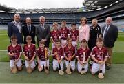 14 August 2016; John Boyle, Vice President INTO, Liam Magee, President of Cumann na mBunscol Liam McGee, Uachtarán Chumann Lúthchleas Gaeil Aogán Ó Fearghail, Kathleen Woods, Camogie Association, coach Pat Monaghan, and Mini-Sevens Coordinator Gerry O'Meara with the Galway hurling team of, back row, from left, Greg McEnaney, St Patrick's SNS, Skerries, Dublin, representing Galway, Peter O'Connell, St Patrick's, Ballinamore, Leitrim, representing Galway, and Deaglán Ó hArragáin, Gaelscoil Na Cruaiche, Westport, Mayo, representing Galway. Front row, from left, Seán Withycombe, St Mochulla's NS, Tulla, Clare, representing Galway, Conor Jordan, Tynagh NS, Loughrea, representing Galway, Ronan Fallon, Claremorris BNS, Claremorris, Mayo, representing Galway, Patrick Fallon, Runnamoate NS, Ballinaheglish, Roscommon, representing Galway, Riley Mac Thomáis, Scoil Chrónáin, Rathcoole, Dublin, representing Galway, Mark O'Donoghue, Glenville NS Glenville, Cork, representing Galway, and Joshua Ó Droighneáin, Scoil Éinne, An Spidéal, Galway, representing Galway, ahead of the INTO Cumann na mBunscol GAA Respect Exhibition Go Games at the GAA Hurling All-Ireland Senior Championship Semi-Final game between Galway and Tipperary at Croke Park, Dublin. Photo by Piaras Ó Mídheach/Sportsfile