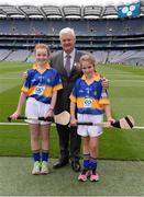 14 August 2016; Uachtarán Chumann Lúthchleas Gaeil Aogán Ó Fearghail with Hannah Fitzsimons, Crosskeys NS, Crosskeys, Cavan, representing Tipperary, left, and Cara Reilly, Kilnaleck NS, Kilnaleck, Cavan, representing Tipperary, ahead of the INTO Cumann na mBunscol GAA Respect Exhibition Go Games at the GAA Hurling All-Ireland Senior Championship Semi-Final game between Galway and Tipperary at Croke Park, Dublin. Photo by Piaras Ó Mídheach/Sportsfile