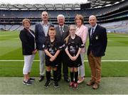 14 August 2016; President of the Camogie Association Catherine Neary, John Boyle, Vice President INTO,  Uachtarán Chumann Lúthchleas Gaeil Aogán Ó Fearghail, Kathleen Woods, Camogie Association, and President of Cumann na mBunscol Liam McGee with referees Oisín McNicholl, from Dungiven, Derry, and Conla Bradley, from Greenlough, Derry, ahead of the INTO Cumann na mBunscol GAA Respect Exhibition Go Games at the GAA Hurling All-Ireland Senior Championship Semi-Final game between Galway and Tipperary at Croke Park, Dublin. Photo by Piaras Ó Mídheach/Sportsfile