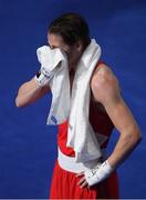 15 August 2016; Katie Taylor of Ireland reacts after her defeat to Mira Potkonen of Finland in their Lightweight quarter-final bout in the Riocentro Pavillion 6 Arena, Barra da Tijuca, during the 2016 Rio Summer Olympic Games in Rio de Janeiro, Brazil. Photo by Ramsey Cardy/Sportsfile