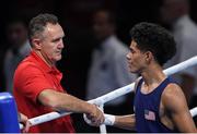 15 August 2016; USA boxing coach Billy Walsh with Antonio Vargas after his Flyweight bout in the Riocentro Pavillion 6 Arena, Barra da Tijuca, during the 2016 Rio Summer Olympic Games in Rio de Janeiro, Brazil. Photo by Ramsey Cardy/Sportsfile