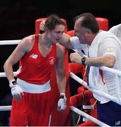 15 August 2016; Katie Taylor of Ireland in conversation with Team Ireland coach Zaur Antia after her Lightweight quarter-final bout against Mira Potkonen of Finland in the Riocentro Pavillion 6 Arena, Barra da Tijuca, during the 2016 Rio Summer Olympic Games in Rio de Janeiro, Brazil. Photo by Ramsey Cardy/Sportsfile