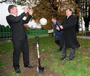 5 November 2010; An Taoiseach Brian Cowen described the €20m development of Parnells’ GAA club in Coolock north Dublin as a wonderful example of a forward thinking GAA club, a school and a local community working together to build a brighter future. The €20M development includes 3 floodlit pitches, 2 all weather, a fully equipped gym, a sports therapy centre as well as a new modern clubhouse with a flexible function room facility. At the official sod turning ceremony with An Taoiseach Brian Cowen is Frank Gleeson, Chairman of Parnells' GAA Club, left, and Minister of State Sean Haughey T.D, centre. Parnells GAA Club, Coolock Village, Coolock, Co. Dublin. Picture credit: Brian Lawless / SPORTSFILE