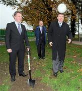 5 November 2010; An Taoiseach Brian Cowen described the €20m development of Parnells’ GAA club in Coolock north Dublin as a wonderful example of a forward thinking GAA club, a school and a local community working together to build a brighter future. The €20M development includes 3 floodlit pitches, 2 all weather, a fully equipped gym, a sports therapy centre as well as a new modern clubhouse with a flexible function room facility. At the official sod turning ceremony with An Taoiseach Brian Cowen is Frank Gleeson, Chairman of Parnells' GAA Club, left, and Minister of State Sean Haughey T.D, centre. Parnells GAA Club, Coolock Village, Coolock, Co. Dublin. Picture credit: Brian Lawless / SPORTSFILE