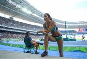 16 August 2016; Tori Pena of Ireland speaks to her coach during the Women's Pole Vault Qualifying Round at the Olympic Stadium during the 2016 Rio Summer Olympic Games in Rio de Janeiro, Brazil. Photo by Ramsey Cardy/Sportsfile