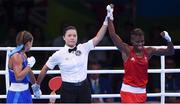 16 August 2016; Nicola Adams of Great Britain is declared victorious over Tetyana Kob of Ukraine during their Women's Flyweight Quarterfinal bout at the Riocentro Pavillion 6 Arena during the 2016 Rio Summer Olympic Games in Rio de Janeiro, Brazil. Photo by Stephen McCarthy/Sportsfile