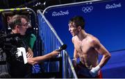 16 August 2016; Michael Conlan of Ireland speaks to the Olympic Broadcasting Service following his Bantamweight Quarterfinal bout with Vladimir Nikitin of Russia at the Riocentro Pavillion 6 Arena during the 2016 Rio Summer Olympic Games in Rio de Janeiro, Brazil. Photo by Stephen McCarthy/Sportsfile