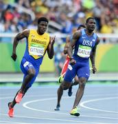 16 August 2016; Ramon Gittens, left, of Barbados and Justin Gatlin of USA in action during the Men's 200m Round 1 at the Olympic Stadium during the 2016 Rio Summer Olympic Games in Rio de Janeiro, Brazil. Photo by Ramsey Cardy/Sportsfile