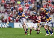 14 August 2016; Grace Ní Chongaile, Gaelscoil na Bóinne, Trim, Co Meath, representing Tipperary in action against Éadaoin Ó Snodaigh, Gaelscoil Inse Chór, Áth Cliath, representing Galway, during the INTO Cumann na mBunscol GAA Respect Exhibition Go Games at the GAA Hurling All-Ireland Senior Championship Semi-Final game between Galway and Tipperary at Croke Park, Dublin. Photo by Ray McManus/Sportsfile