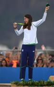 16 August 2016; Annalise Murphy of Ireland celebrates with her silver medal after the Women's Laser Radial Medal race on the Pão de Açúcar course, Copacabana, during the 2016 Rio Summer Olympic Games in Rio de Janeiro, Brazil. Photo by Ramsey Cardy/Sportsfile