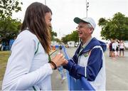 16 August 2016; Annalise Murphy of Ireland with John Treacy, CEO, Sport Ireland, after winning a silver medal in the Women's Laser Radial Medal race on the Pão de Açúcar course, Copacabana, during the 2016 Rio Summer Olympic Games in Rio de Janeiro, Brazil. Photo by Brendan Moran/Sportsfile