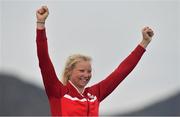 16 August 2016; Anne-Marie Rindom of Denmark celebrates winning bronze in the Women's Laser Radial Medal race on the Pão de Açúcar course, Copacabana, during the 2016 Rio Summer Olympic Games in Rio de Janeiro, Brazil. Photo by Brendan Moran/Sportsfile