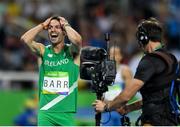 16 August 2016; Thomas Barr of Ireland celebrates winning the Men's 400m Semi-Final at the Olympic Stadium during the 2016 Rio Summer Olympic Games in Rio de Janeiro, Brazil. Photo by Ramsey Cardy/Sportsfile