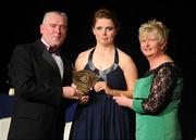 6 November 2010; Jenny Simpson, Waterford, is presented with her 2010 Camogie Soaring Star award by Cormac Farrell, Marketing Director, O'Neills, and President of the Camogie Association Joan O' Flynn at the 2010 Camogie All-Stars in association with O’Neills. Citywest Hotel, Saggart, Co. Dublin. Picture credit: Stephen McCarthy / SPORTSFILE
