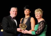 6 November 2010; Michaela Convery, Antrim, is presented with her 2010 Camogie Soaring Star award by Cormac Farrell, Marketing Director, O'Neills, and President of the Camogie Association Joan O' Flynn at the 2010 Camogie All-Stars in association with O’Neills. Citywest Hotel, Saggart, Co. Dublin. Picture credit: Stephen McCarthy / SPORTSFILE